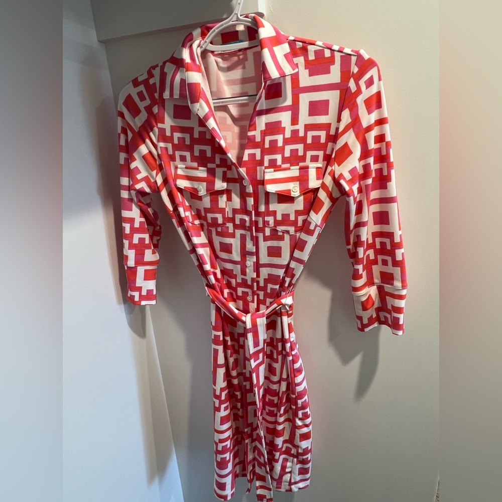 J. McLaughlin Vibrant Pink and Orange Geometric Dress